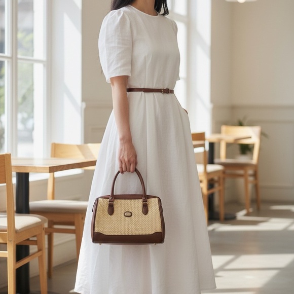 Vintage Woven Straw & Brown Leather Satchel Handbag | Summer Top Handle Purse - Picture 7 of 7